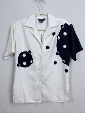 Breeches Linen Navy & White Short Sleeve Button-Down Shirt 6